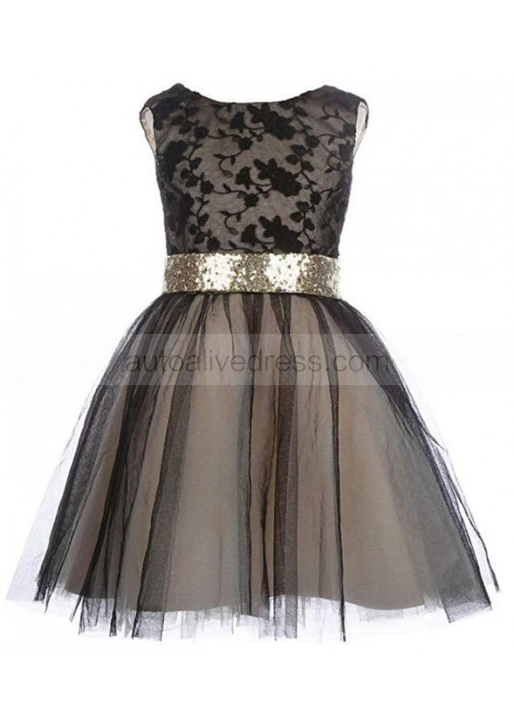 Black Lace Tulle Knee Length Gold Sequin Bow Flower Girl Dress
